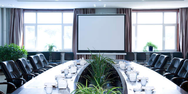 Curved boardroom table next to indoor plants and large windows