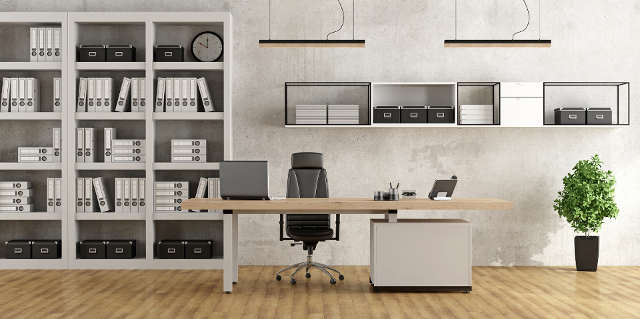 Modern office with a black and white color scheme
