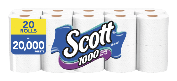 Scott 1-Ply Standard Toilet Paper, White, 1000 Sheets/Roll, 20 Rolls/Carton (20032)
