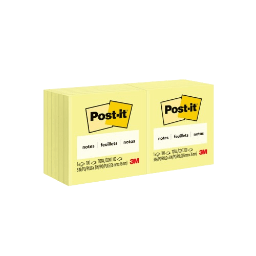 Post-it Sticky Notes, 3 x 3 in., 12 Pads, 100 Sheets/Pad, Canary Yellow, Lined, The Original Post-it Note