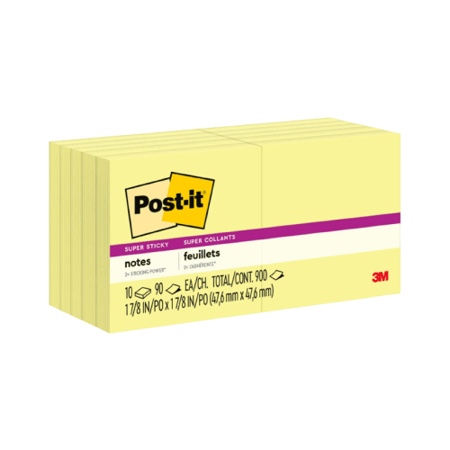 Post-it Super Sticky Notes, 3" x 3", Canary Yellow, 90 Sheets/Pad, 10 Pads/Pack (654-10SSCY)